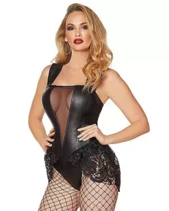 Adult Black Faux Leather And Lace Bodysuit